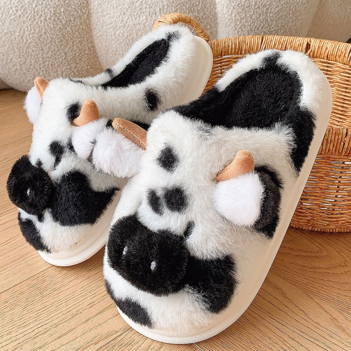 Cute Cartoon Cow Plush Slippers Winter Warm Indoor Bedroom F - Bellarte Enchanté Cute Cartoon Cow Plush Slippers Winter Warm Indoor Bedroom F